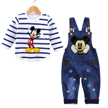 Комплект одежды для новорожденных мальчиков 0-3 лет, футболка с длинными рукавами и принтом Микки + джинсовый комбинезон, одежда для маленьких девочек