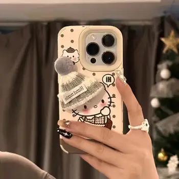 Мультяшный чехол для телефона Kawaii Sanrio Hello Kitty Мультфильм Apple 11 12 13 14 15 Вязаная шапка Чехол для телефона для предотвращения падения Креативный подарок