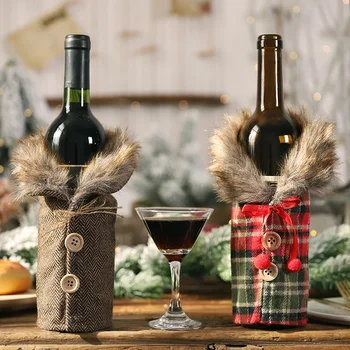 Рождественские чехлы для бутылок вина с бантиком, льняной меховой воротник, вязаная сумка для бутылок вина, футляр для бутылок для домашнего новогоднего стола Navidad Decors