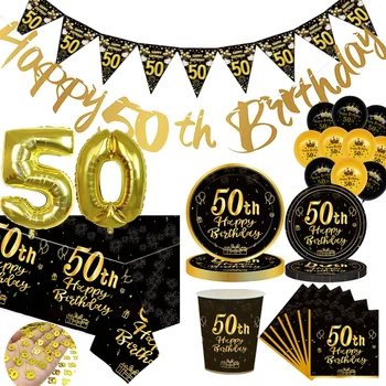 С Днем Рождения, 50-летняя Одноразовая посуда, Тарелка из черного золота, Скатерть, Баннер для вечеринки по случаю 50-летия, принадлежности для украшения вечеринки по случаю 50-летия