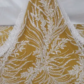 Большое количество Чистой Белой кружевной ткани, тюль с блестками, материал свадебного платья из африканского Французского тюля с бисером HY2184