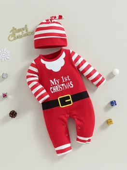 Милый рождественский костюм оленя для малышей с принтом рогов в горошек, круглый вырез, длинный рукав, комбинезон, шляпа
