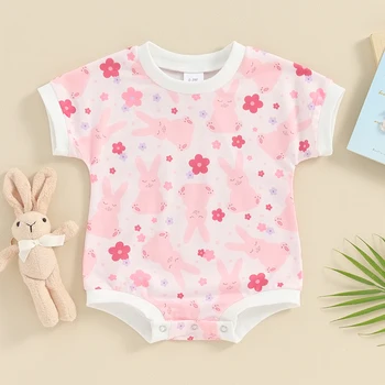 Пасхальная одежда для новорожденных девочек, футболка с короткими рукавами и цветочным принтом в виде кролика, комбинезон, боди, Летний наряд