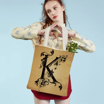 Винтажная цветочная сумка с буквами A-Z, английская цветочная буква, многоразовая повседневная холщовая сумка для покупок с обоими принтами для студентов