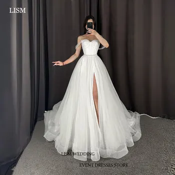 LISM Простое свадебное платье трапециевидной формы с высоким разрезом, жемчуг в виде СЕРДЦА, Корейское свадебное платье с открытыми плечами, тюлевое свадебное платье без рукавов для фотосессии