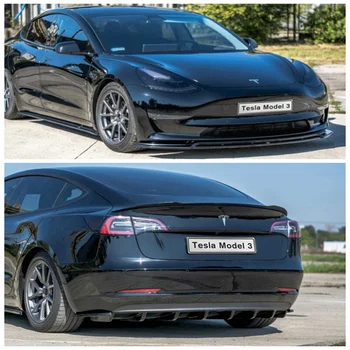 Для Tesla model3 2018-2022 Высокое Качество ABS Ярко-Черные Разветвители Передних Губ + Задний Диффузор, Спойлер, Боковая Юбка