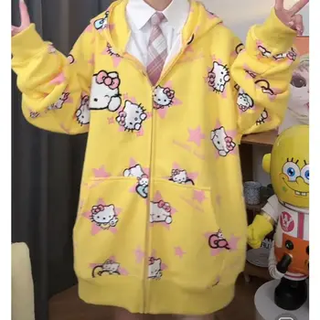 Куртка Hello Kitty, Кардиган с капюшоном, толстовка с рисунком Аниме, Мультяшная толстовка с капюшоном на молнии Sanrio, Студенческая женская толстовка Hellokitty Top