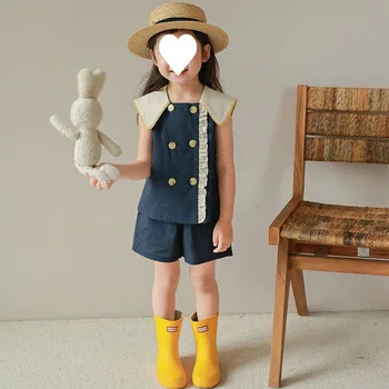 Комплект одежды для девочек из 2 предметов, летний жилет без рукавов с квадратным воротником в корейском стиле, топы и короткие штаны, комплект с детской одеждой