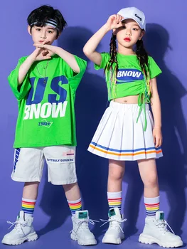 Детская одежда для танцев на концерте в стиле хип-хоп, зеленая футболка, уличная одежда, белые летние шорты, юбка для девочек и мальчиков, одежда для джазовых танцев