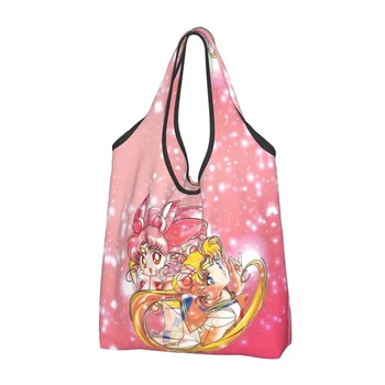 Модная сумка для покупок Super Sailors Moon с принтом Чиби Мун, переносная сумка для покупок в стиле аниме, Наплечная сумка для покупок