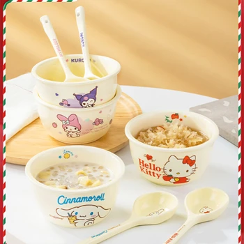 Аниме Kawaii Sanrio Hobby Kuromi Cinnamoroll My Melody Мультяшная керамическая миска для завтрака в стиле Хелло Китти с кремом, тарелка для стейка, ложка