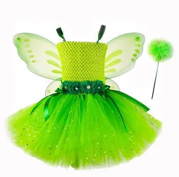 Платье феи с зеленой бабочкой для девочек, детское блестящее платье-пачка с крыльями, комплект детских костюмов для дня рождения и Рождественской вечеринки