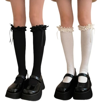 Носки до колена с балетным бантом, Чулки для студенток JK, Кружевные носки до икр с оборками M6CD