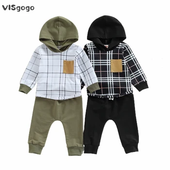 VISgogo Одежда для малышей, толстовка с капюшоном и длинными рукавами в клетку, эластичный пояс, Однотонные брюки, Детский весенне-осенний комплект