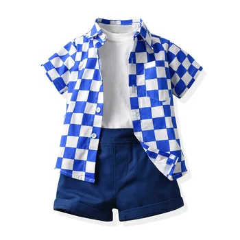 Детский комплект для мальчиков 2023, летний модный клетчатый хлопковый кардиган с коротким рукавом, Белая футболка, шорты выше колена, детский комплект