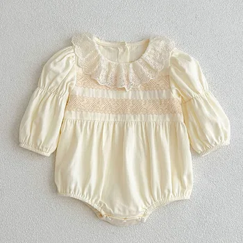 Осенне-весенний комбинезон для маленьких девочек из хлопка с кружевной строчкой и длинными рукавами, комбинезон для новорожденных девочек, детская одежда