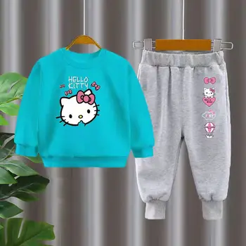 Детский новый продукт Hello Kitty с длинными рукавами + брючный костюм для девочек, повседневный топ с героями мультфильмов + спортивные штаны, детская одежда из двух предметов