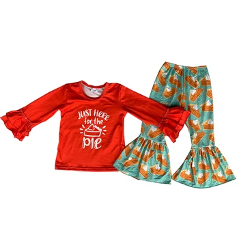 Горячая одежда для девочек в рождественском стиле, топ с длинным рукавом + расклешенные брюки, комплект из молочного шелка с рисунком красного торта