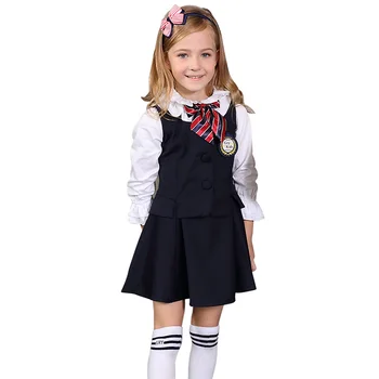 Весенняя и осенняя одежда Костюм для девочек Жилет Рубашка Костюм Детские костюмы Модели школьной формы Школьная форма нестандартного размера Темносиний