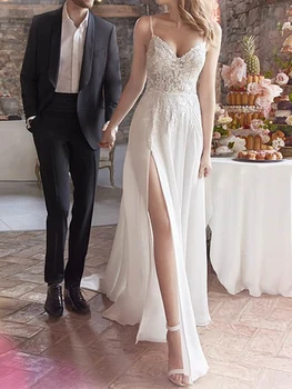 Сексуальное платье невесты без рукавов с высоким разрезом сбоку, свадебные платья на бретельках с шифоновым шлейфом без спинки, Vestido De Novia