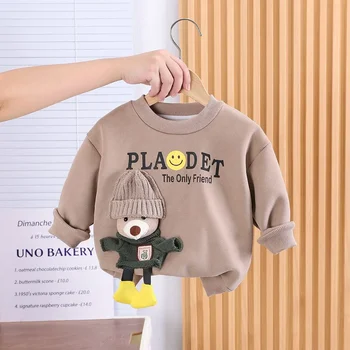 Толстовки с флисовой подкладкой для мальчиков 2023, осенне-зимняя детская утепленная футболка с героями мультфильмов в корейском стиле, модная теплая толстовка для малышей