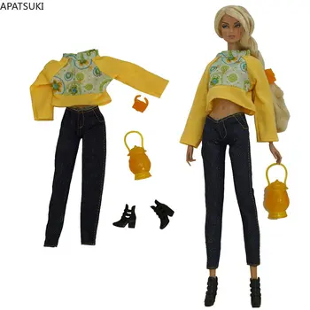Желтый Модный Комплект Кукольной Одежды для Куклы Барби Наряды 1/6 Куклы Аксессуары Для Барби Укороченный Топ Джинсы Брюки Обувь Сумка Игрушки