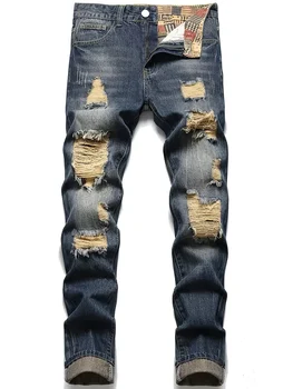 Рваные джинсы обычной посадки, мужские повседневные брюки из потертого денима в уличном стиле на все сезоны