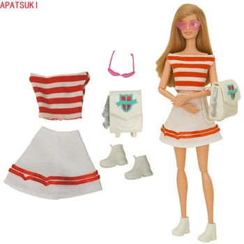 Топ в белую и красную полоску, юбка А-образной формы, повседневная одежда для кукол Барби, школьная сумка, Розовые очки, Обувь для аксессуаров для кукол 1/6