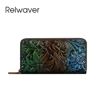 Relwaver женский кошелек из натуральной кожи с блестящим цветочным тиснением, длинный кошелек 2024, весенне-летний праздничный клатч, кошелек на молнии, кошелек