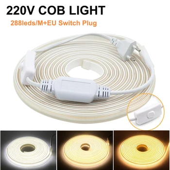 220V COB LED Strip Light 288LEDs/ M EU Switch Plug IP67 Водонепроницаемый Наружный Светильник Гибкий COB Light 3000K 4000K 6000K 0.5-100m