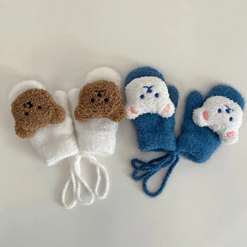 Детские перчатки с мультяшным медведем от 1 до 4 лет, зимние теплые утепленные детские вязаные варежки, перчатки на шею с полными пальцами, перчатки для новорожденных