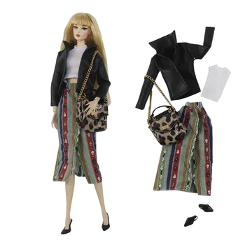 Официальный комплект NK Cute doll fashion shopping dress set: черный кожаный ноготь + топ + юбка + сумка с леопардовым принтом + обувь для куклы Барби.