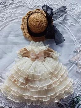 Одежда для куклы BJD подходит для 1/6 размера хлопчатобумажной куклы Blythe 20 см, бежево-белое кружевное платье с коротким рукавом + шляпа, аксессуары для куклы
