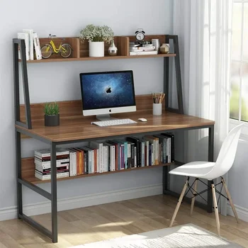 Компьютерный стол, 47-дюймовый домашний офисный стол с компактным дизайном, оборудованный книжной полкой и перегородкой для хранения, компьютерный стол