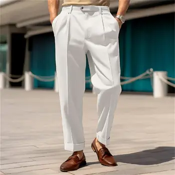 Мужские повседневные брюки, официальный деловой стиль, мужские костюмные брюки с широкими штанинами из дышащей ткани для поездок на работу, средняя талия, однотонные