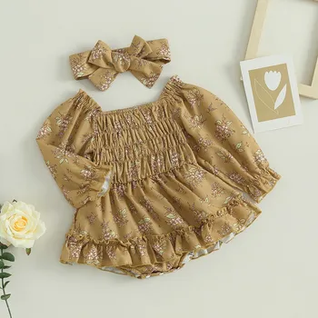 Платье-боди для новорожденных девочек, весенне-осенняя одежда, комбинезоны с длинными рукавами в цветочек и повязкой на голову, одежда для малышей